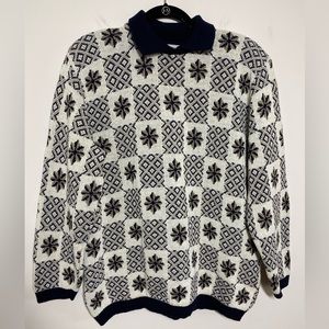 Vintage Alfred Dunner Size Large Navy All Over Print Collared USA Made Sweater